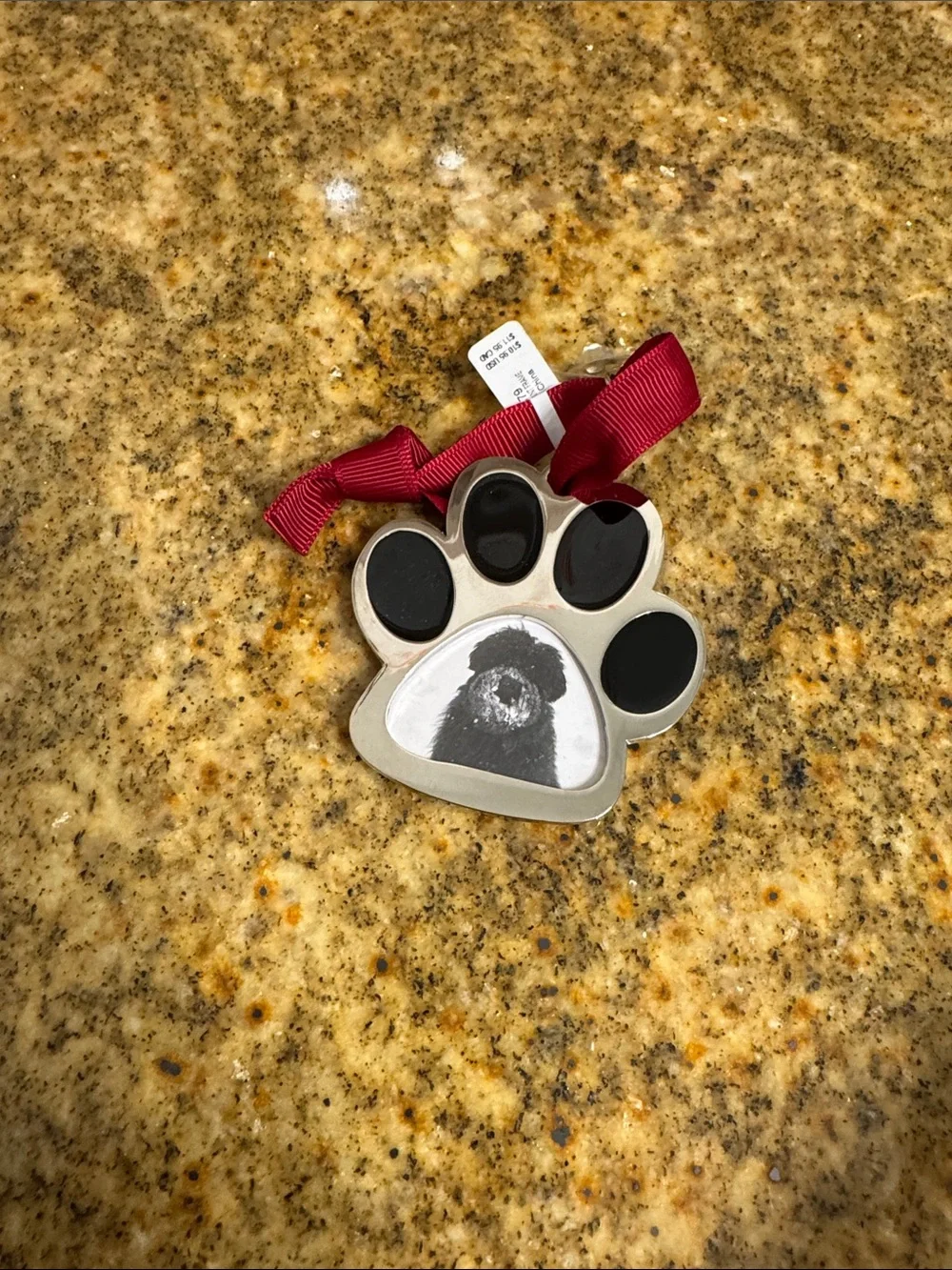 Crate&Barrel Silver Paw Ornament with Red Ribbon